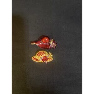 Red Hat Society Lady RED & PURPLE Goldtone Rhinestones Brooch Lot OTC signed